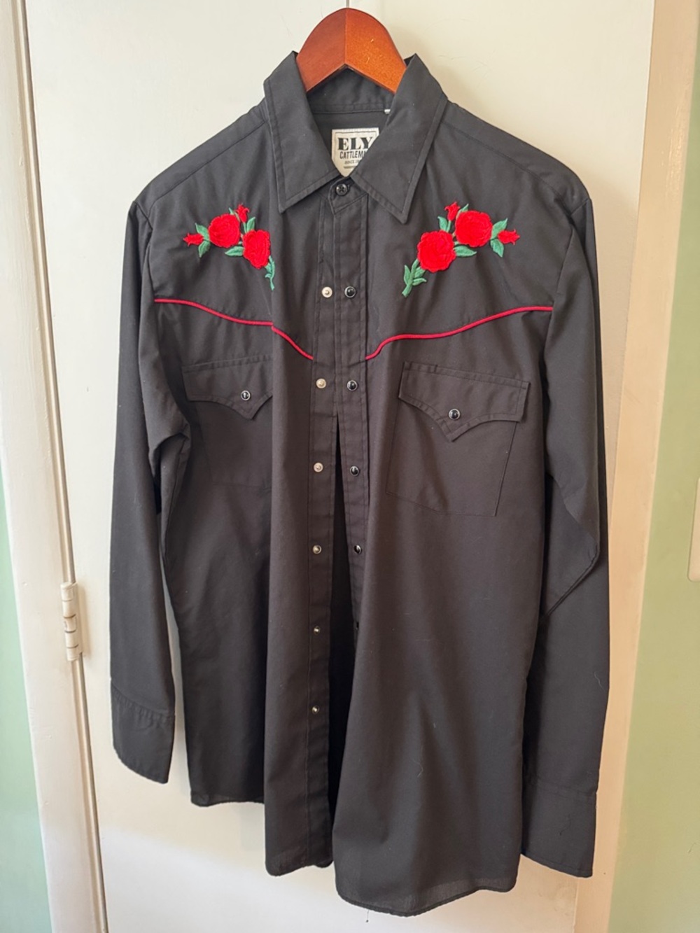 Ely Cattleman Black Western Shirt with Red Rose Embroidery